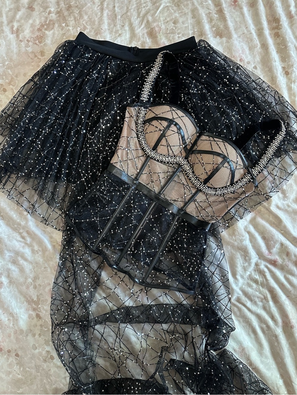 Black Sheer Embellished Corset Dress with Tulle Skirt